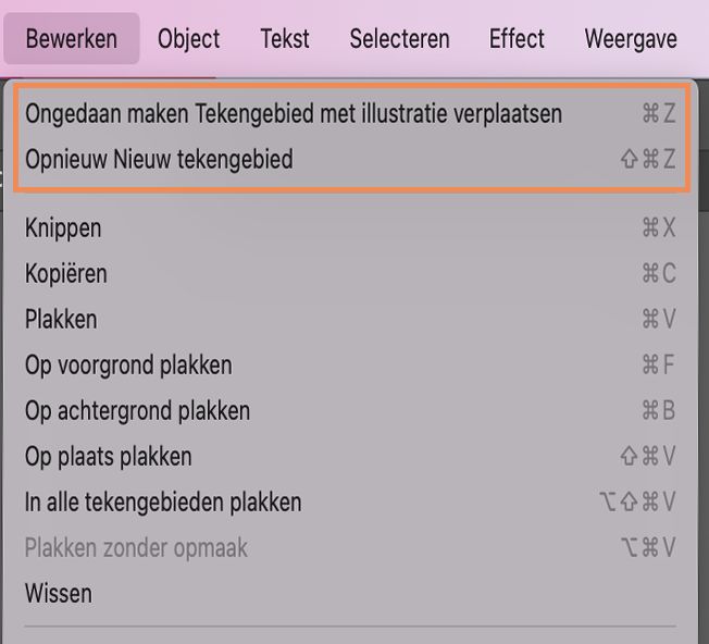 Met de opties Ongedaan maken en Opnieuw kunt u wijzigingen in het document ongedaan maken of opnieuw uitvoeren, zodat u fouten in uw werk kunt corrigeren. U vindt de opties Ongedaan maken en Opnieuw in het menu Bewerken in Illustrator.