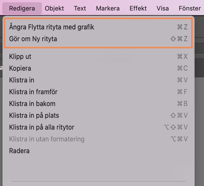 Med alternativen Ångra och Göra om kan du ångra och göra om ändringar som du har gjort i dokumentet, så att du kan rätta till misstag medan du jobbar. Du hittar alternativen Ångra och Göra om i menyn Redigera i Illustrator.