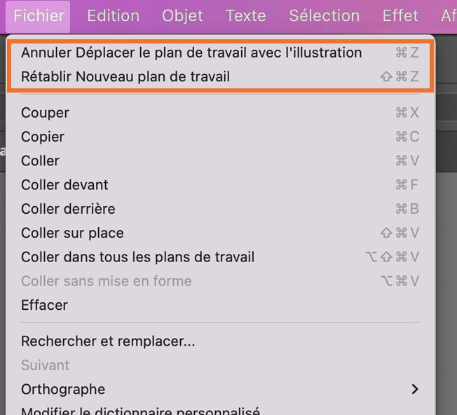 Les options Annuler et Rétablir vous permettent d’annuler et de rétablir des modifications apportées au document afin de corriger les erreurs que vous pouvez commettre pendant que vous travaillez. Elles sont accessibles depuis le menu Édition d’Illustrator.