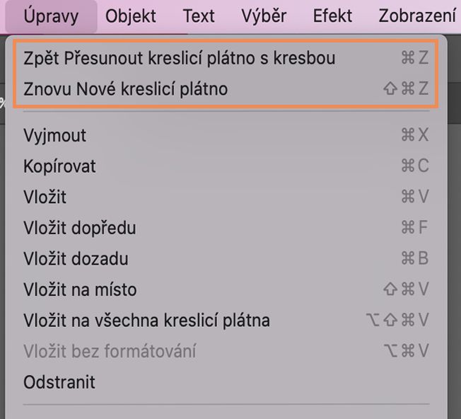 Možnosti Zpět a Znovu umožňují vzít zpět nebo znovu provést změny provedené v dokumentu a opravit tak během práce případné chyby. Možnost Zpět a Znovu najdete v aplikaci Illustrator v nabídce Úpravy.
