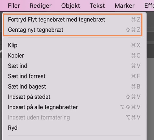 Med indstillingerne Fortryd og Gentag kan du fortryde eller gentage ændringer, som du har foretaget i dokumentet, så du kan rette fejl, mens du arbejder. Du kan finde indstillingerne Fortryd og Gentag i menuen Rediger i Illustrator.