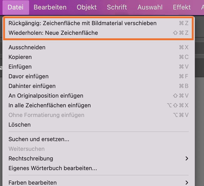Die Optionen „Rückgängig“ und „Wiederholen“ ermöglichen es Ihnen, die in Ihrem Dokument vorgenommenen Änderungen rückgängig zu machen und zu wiederholen, sodass Sie Fehler bei der Arbeit gleich korrigieren können. Sie finden die Option „Rückgängig“ und „Wiederherstellen“ in Illustrator im Menü „Bearbeiten“.