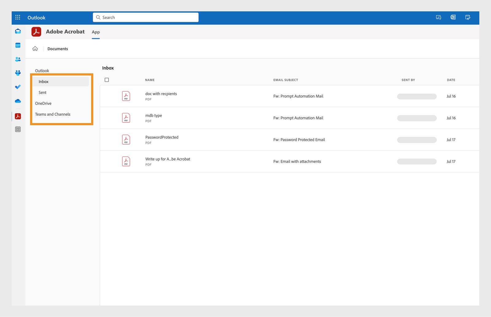 Microsoft Outlook'un içindeki Acrobat uygulaması, gelen kutunuzda alınan veya gönderilen PDF bağlantılarına erişim için 'Gelen Kutusu' ve 'Gönderilen' seçeneklerini gösterir.