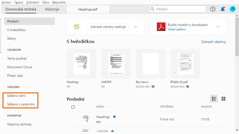 Sdílené vámi nebo jinými uživateli