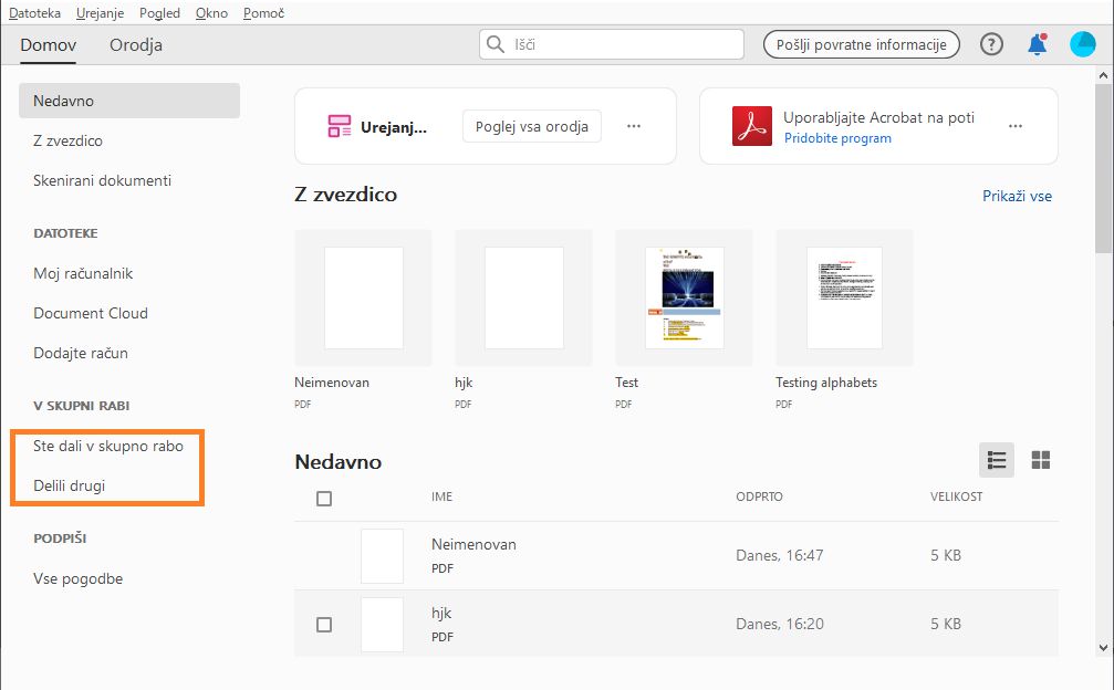 Datoteke, ki ste jih delili vi ali drugi