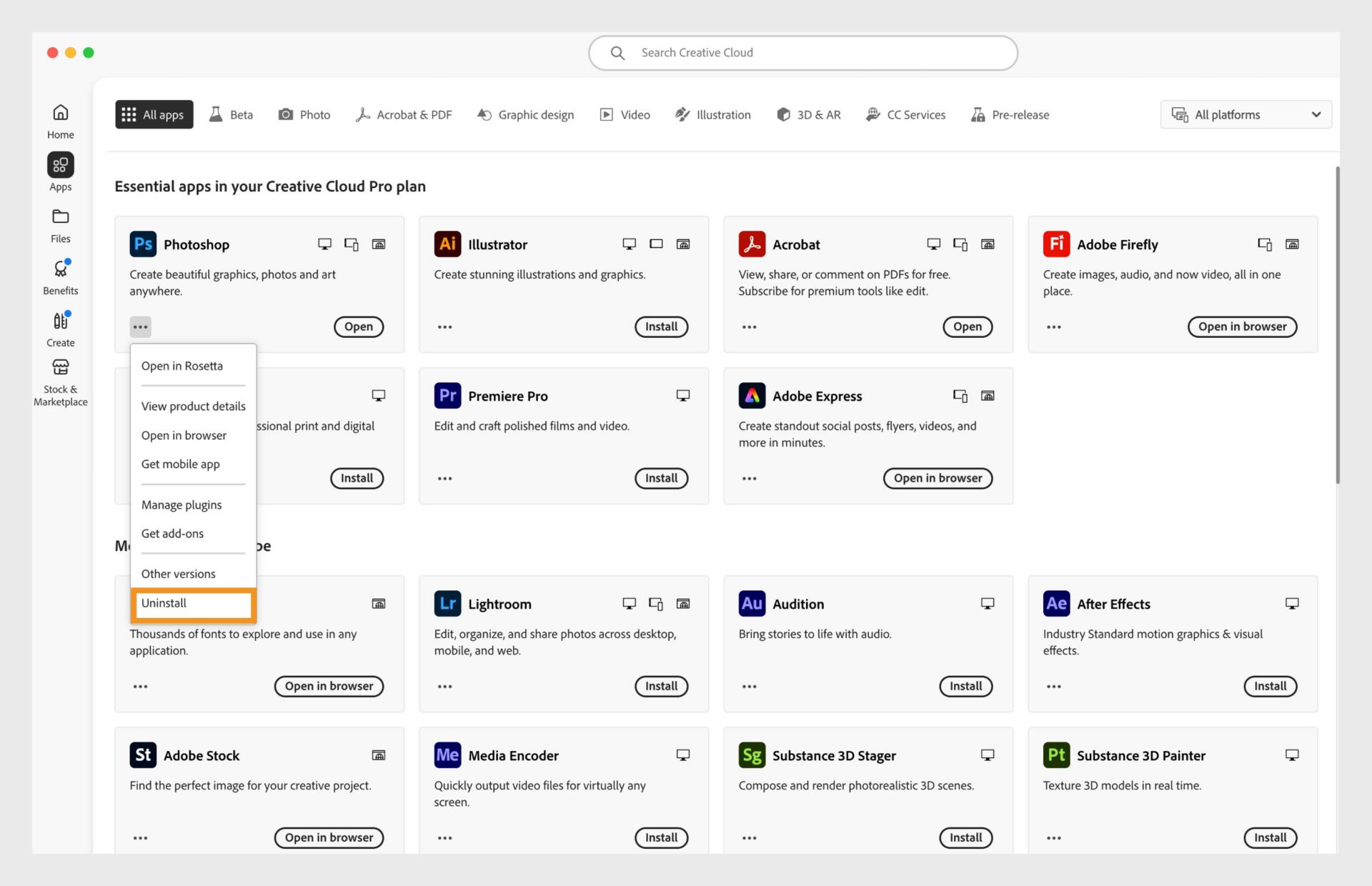 The context menu for a Creative Cloud app includes options to open in the browser and uninstall. 