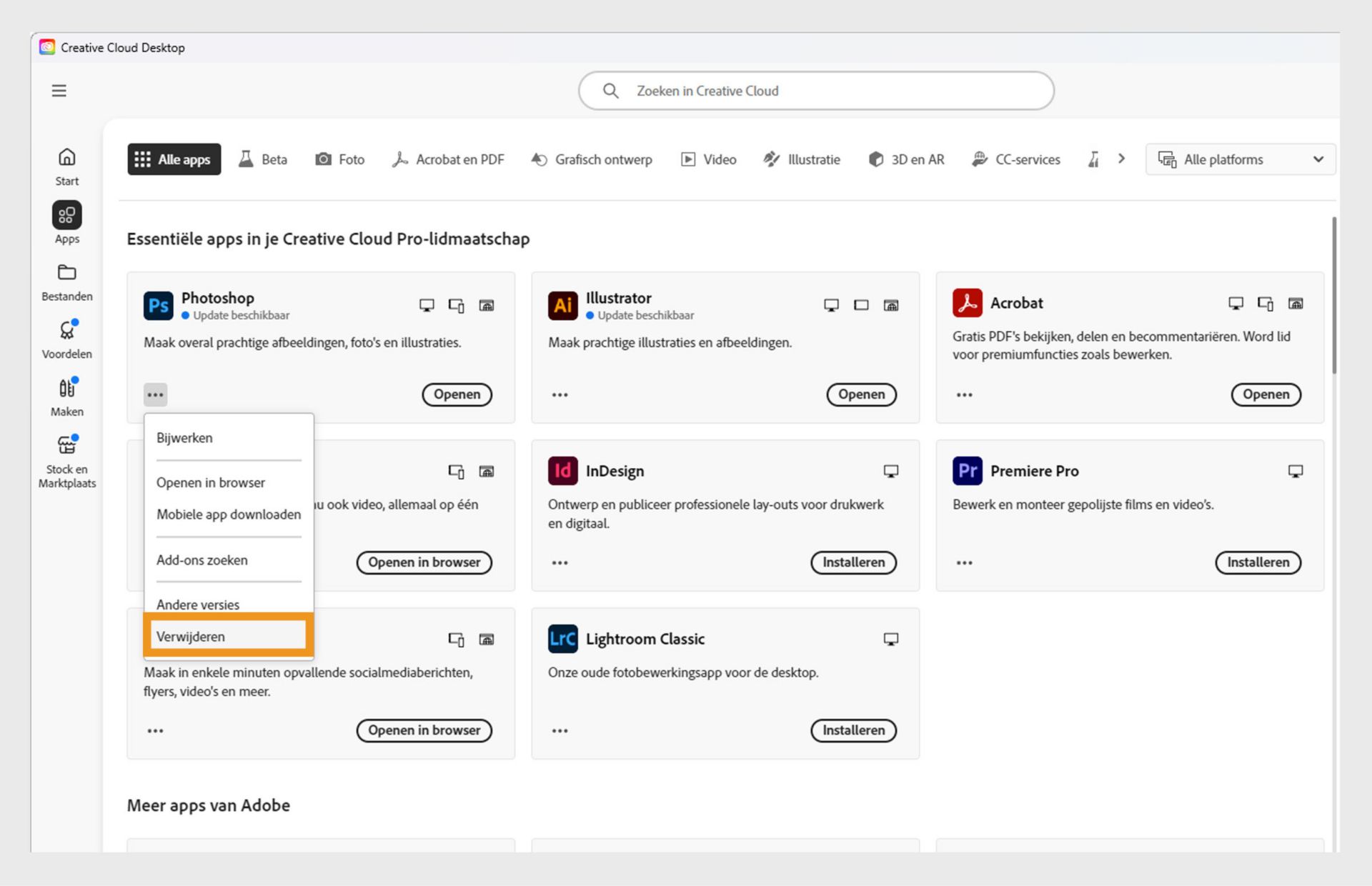 Het contextmenu voor een Creative Cloud-app bevat opties om de app in de browser te openen en te verwijderen. 