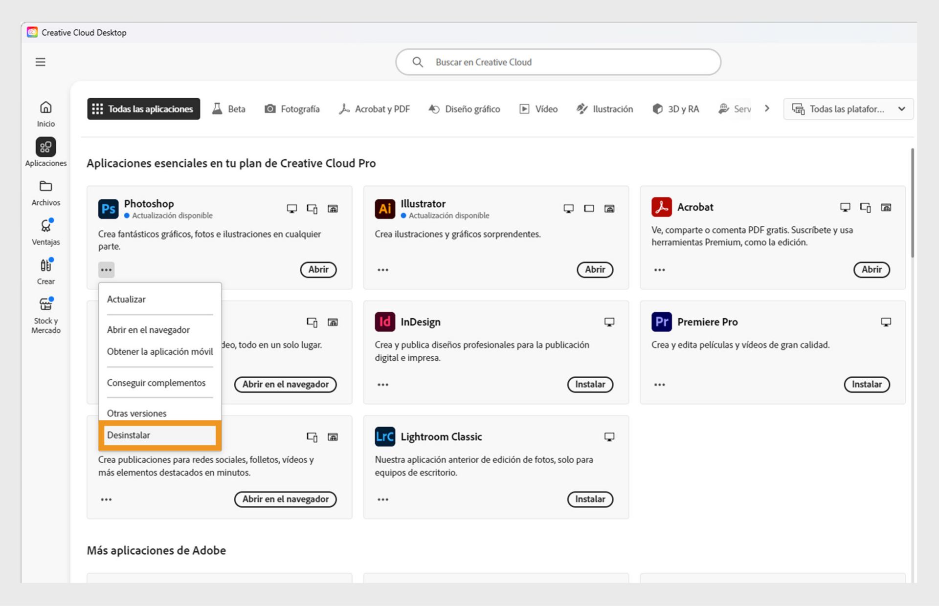 El menú contextual de una aplicación de Creative Cloud incluye opciones para abrir en el navegador y desinstalar. 