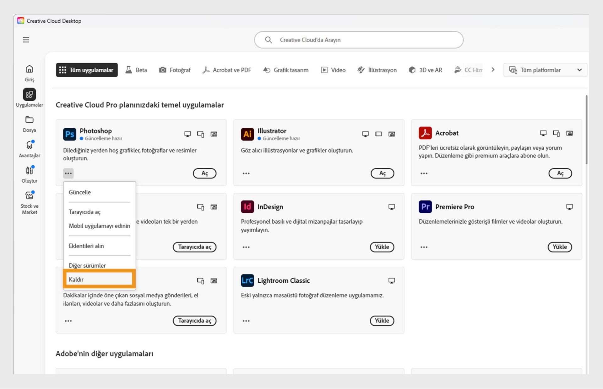Creative Cloud uygulamasının bağlam menüsünde, tarayıcıda açma ve kaldırma seçenekleri bulunur. 