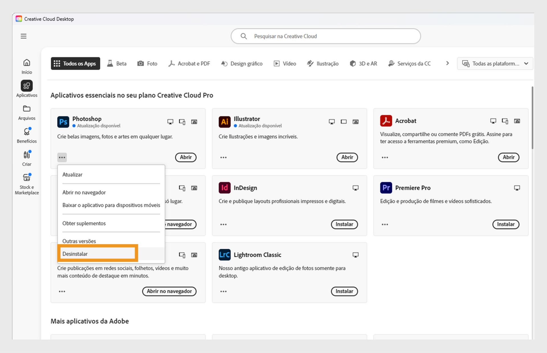 O menu de contexto de um aplicativo da Creative Cloud inclui opções para abrir no navegador e desinstalar. 