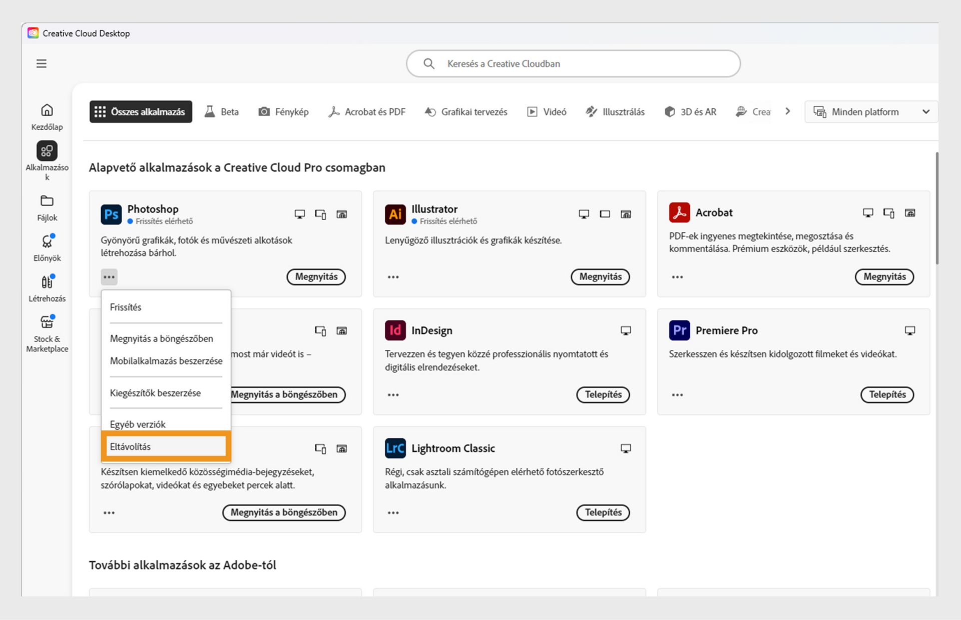 A Creative Cloud-alkalmazás helyi menüje tartalmaz lehetőséget a böngészőben való megnyitásra és az eltávolításra. 