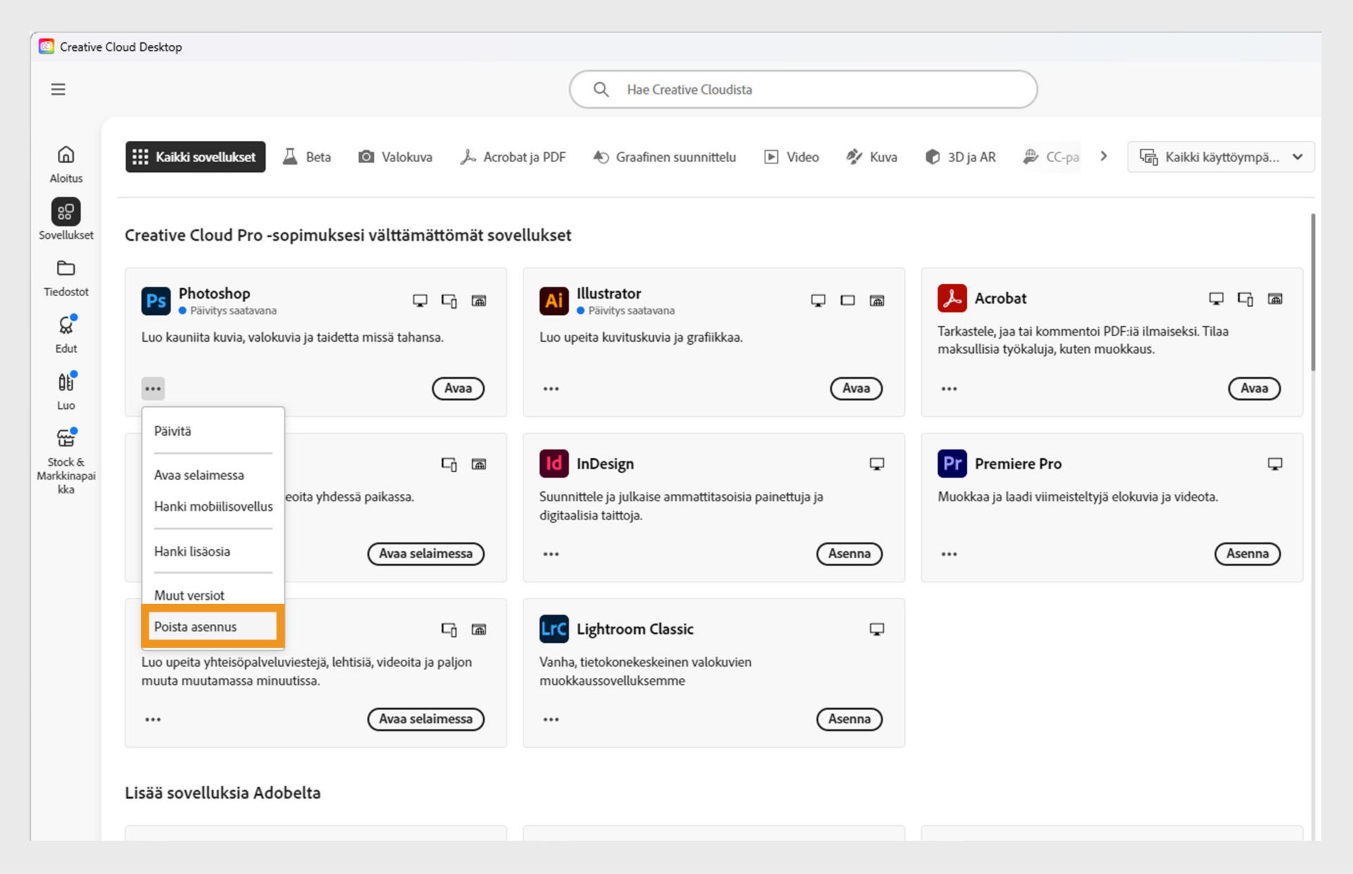Creative Cloud ‑sovelluksen pikavalikko, joka sisältää selaimessa avaamisen ja asennuksen poistamisen vaihtoehdot. 