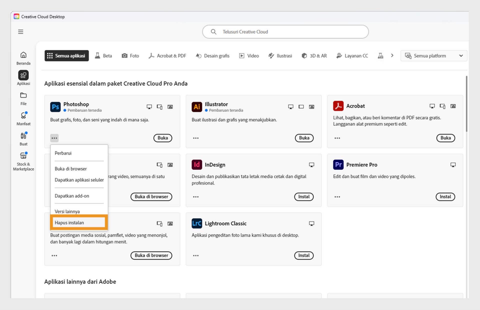Menu konteks untuk aplikasi Creative Cloud Desktop berisi opsi untuk membuka Creative Cloud di browser dan menghapus instalan. 