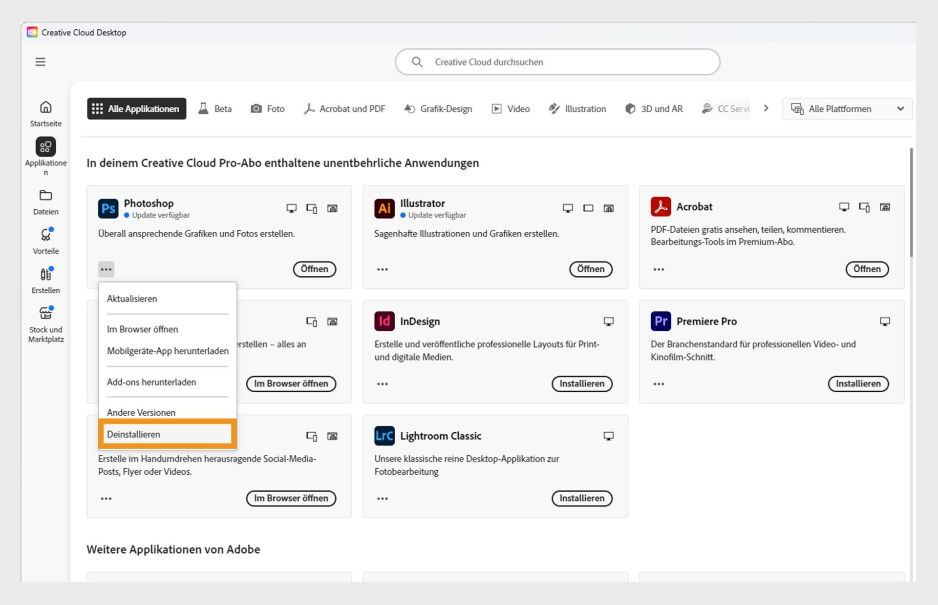 Das Kontextmenü für eine Creative Cloud-Applikation mit Optionen zum Öffnen im Browser und zur Deinstallation.