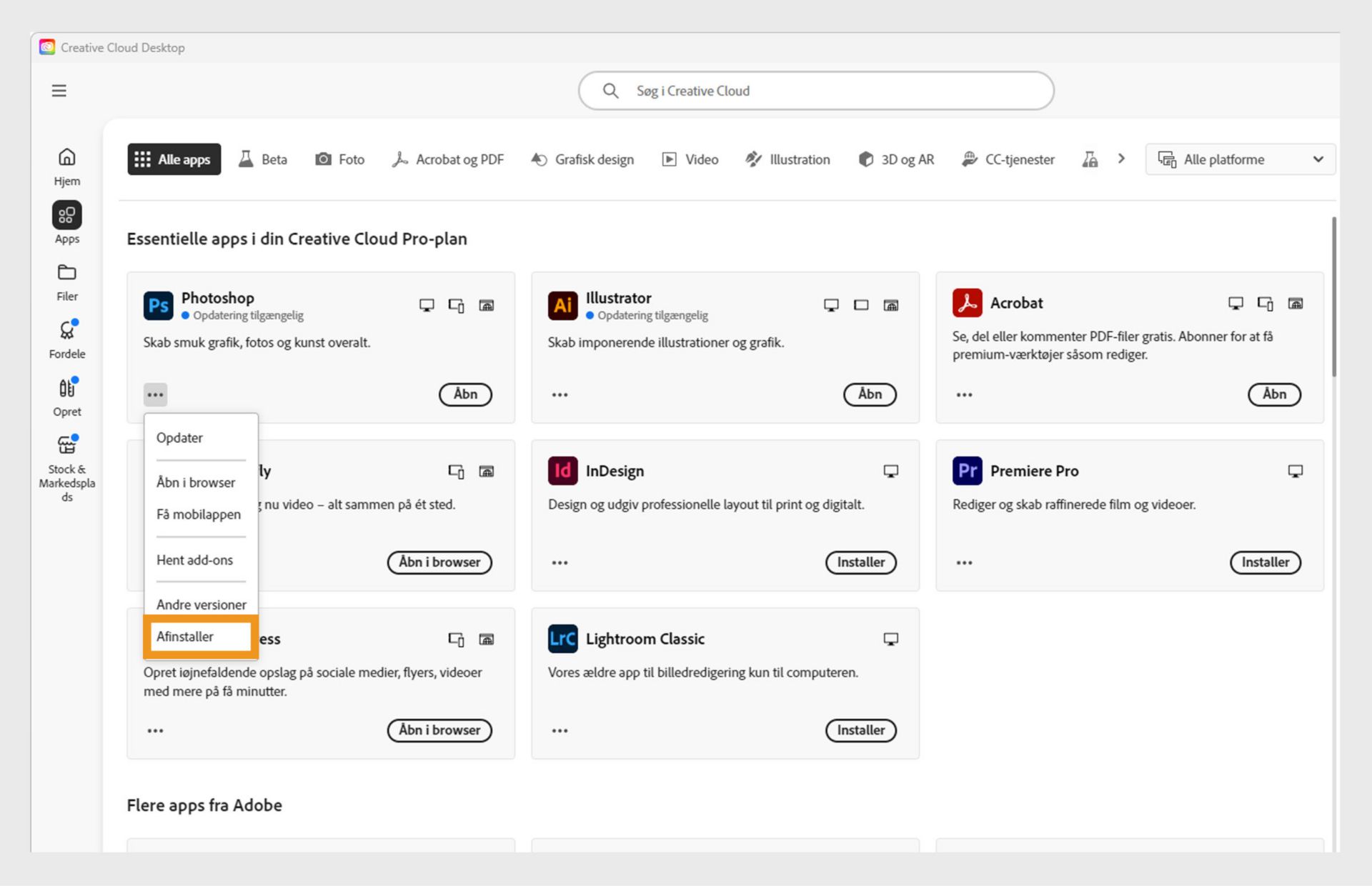 Genvejsmenuen for en Creative Cloud-app inkluderer muligheder for at åbne i browseren og afinstallere.