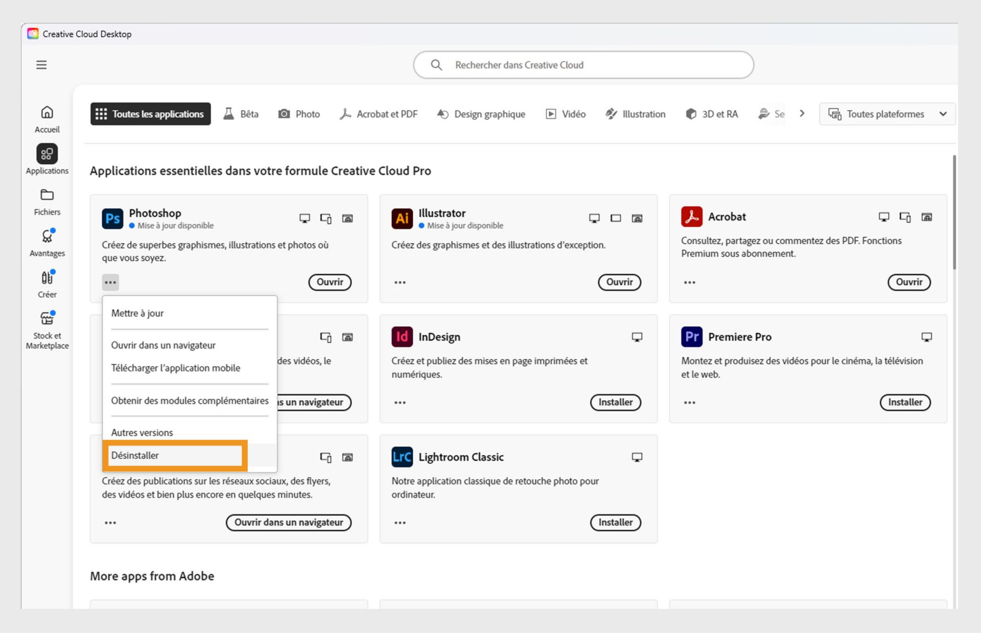 Le menu contextuel d’une application Creative Cloud comprend des options d’ouverture dans le navigateur et de désinstallation.