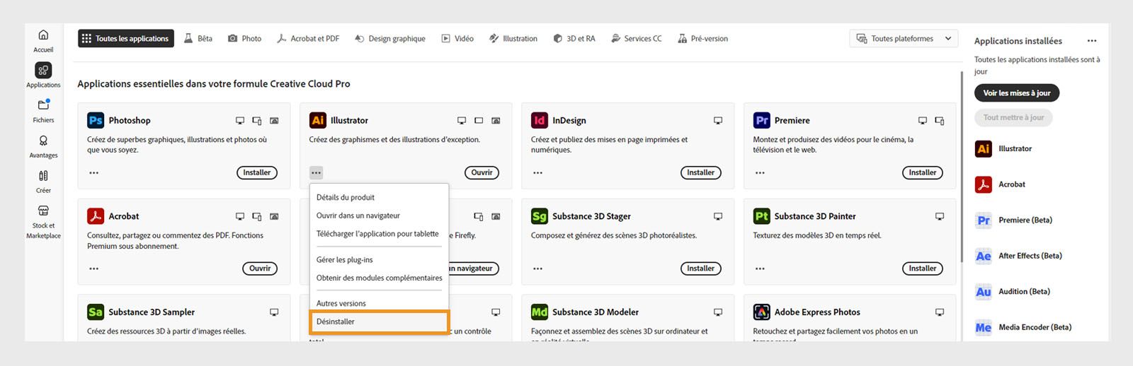Le menu contextuel d’une application Creative Cloud comprend des options d’ouverture dans le navigateur et de désinstallation. 