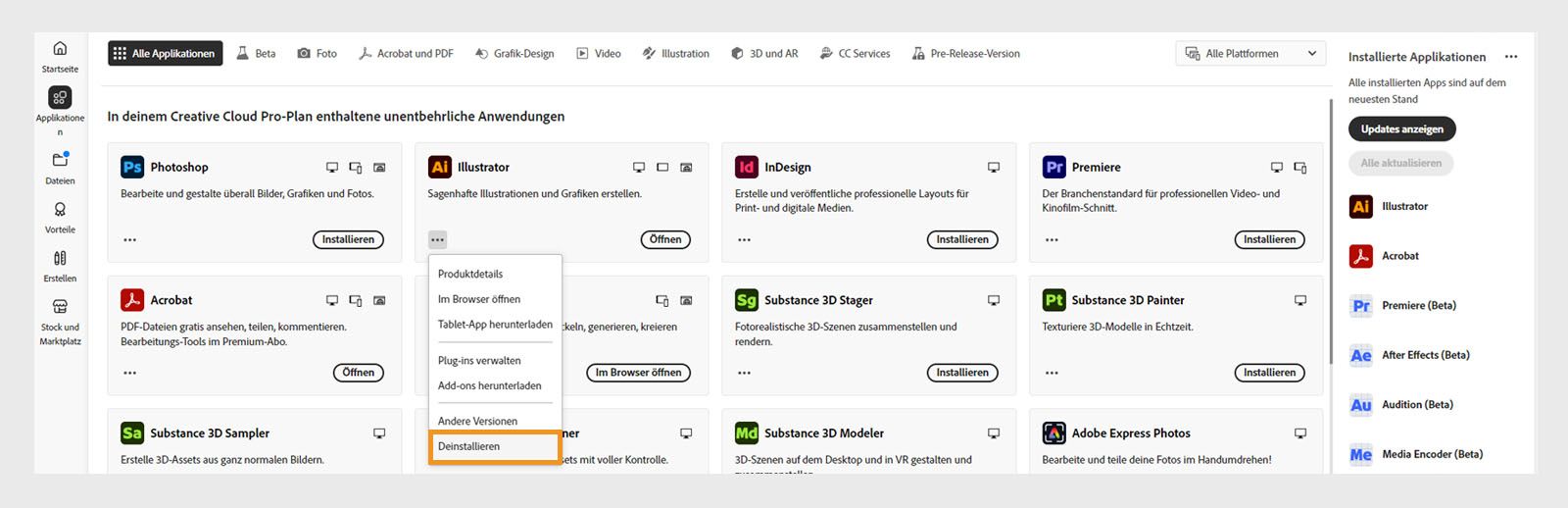 Das Kontextmenü für einen Creative Cloud-Client bietet die Option, die Anwendung zu deinstallieren. 