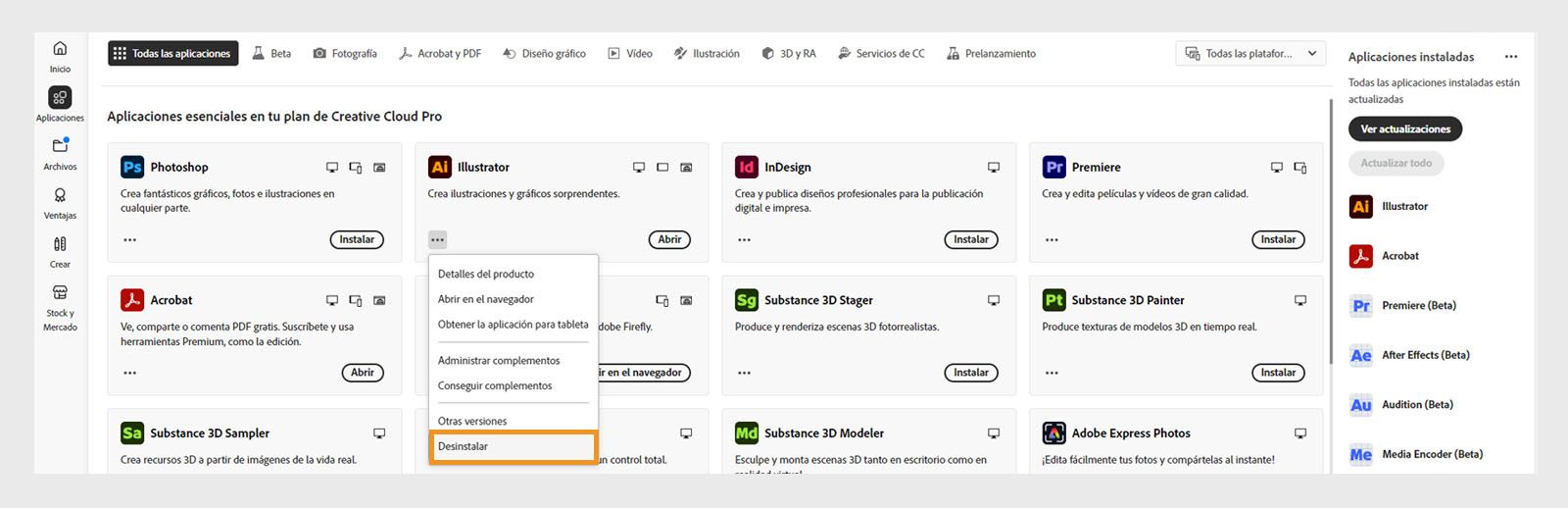 Kontextová ponuka aplikácie Creative Cloud obsahuje možnosti na otvorenie v prehliadači a odinštalovanie. 