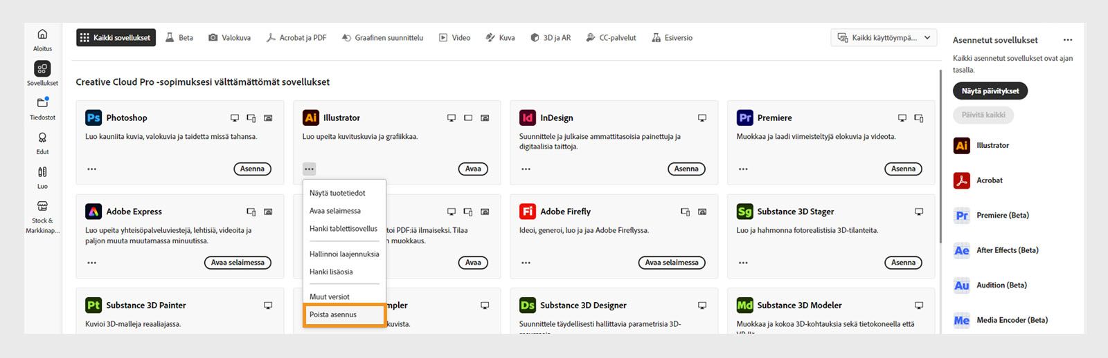 Creative Cloud ‑sovelluksen pikavalikko, joka sisältää selaimessa avaamisen ja asennuksen poistamisen vaihtoehdot.