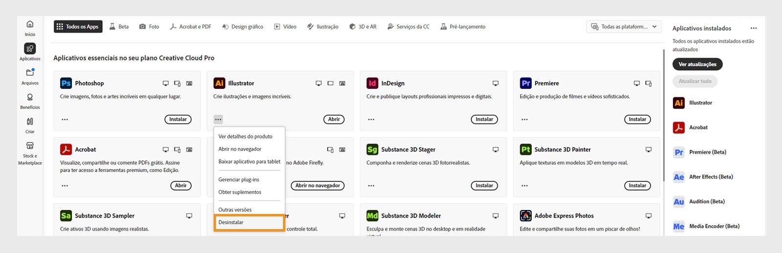 O menu de contexto de um aplicativo da Creative Cloud inclui opções para abrir no navegador e desinstalar. 