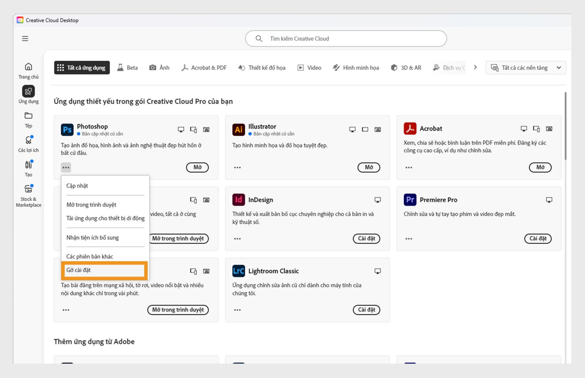 Menu ngữ cảnh cho ứng dụng Creative Cloud bao gồm các tùy chọn để mở trong trình duyệt và gỡ cài đặt.