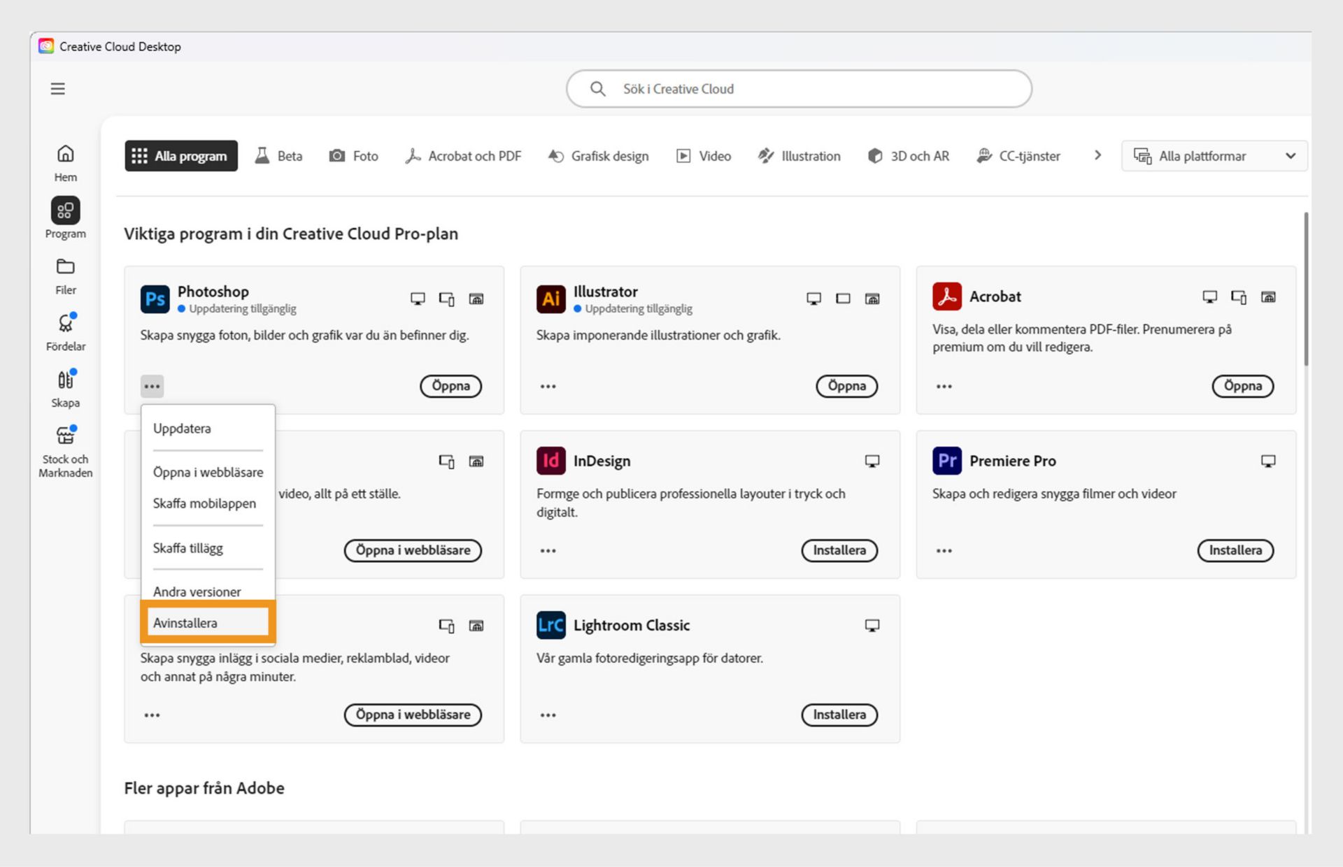 Snabbmenyn för en Creative Cloud-app omfattar alternativ för att öppna i webbläsaren och avinstallera.
