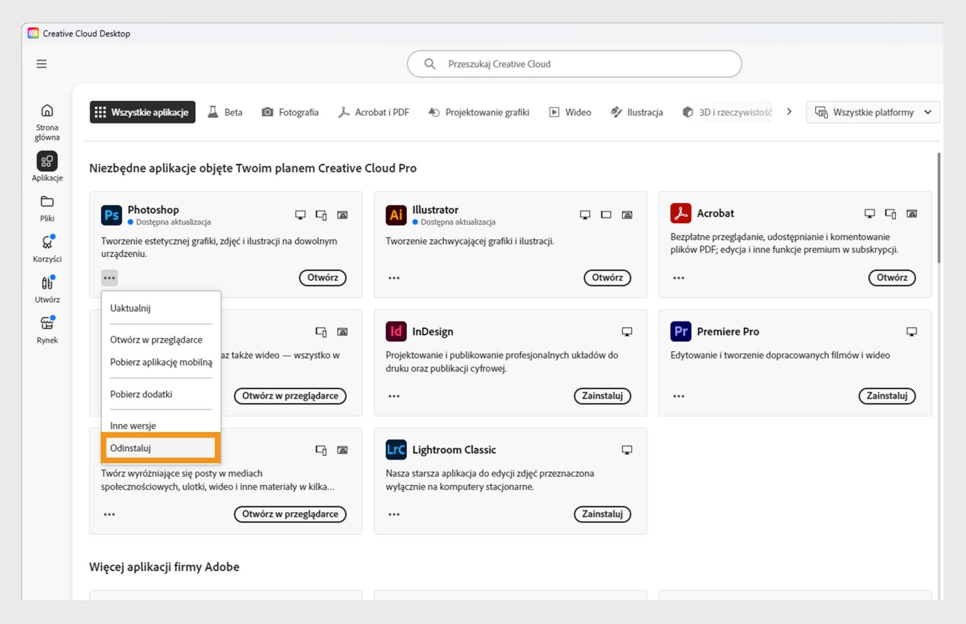 Menu kontekstowe aplikacji Creative Cloud z widocznymi opcjami otwierania w przeglądarce i odinstalowywania.