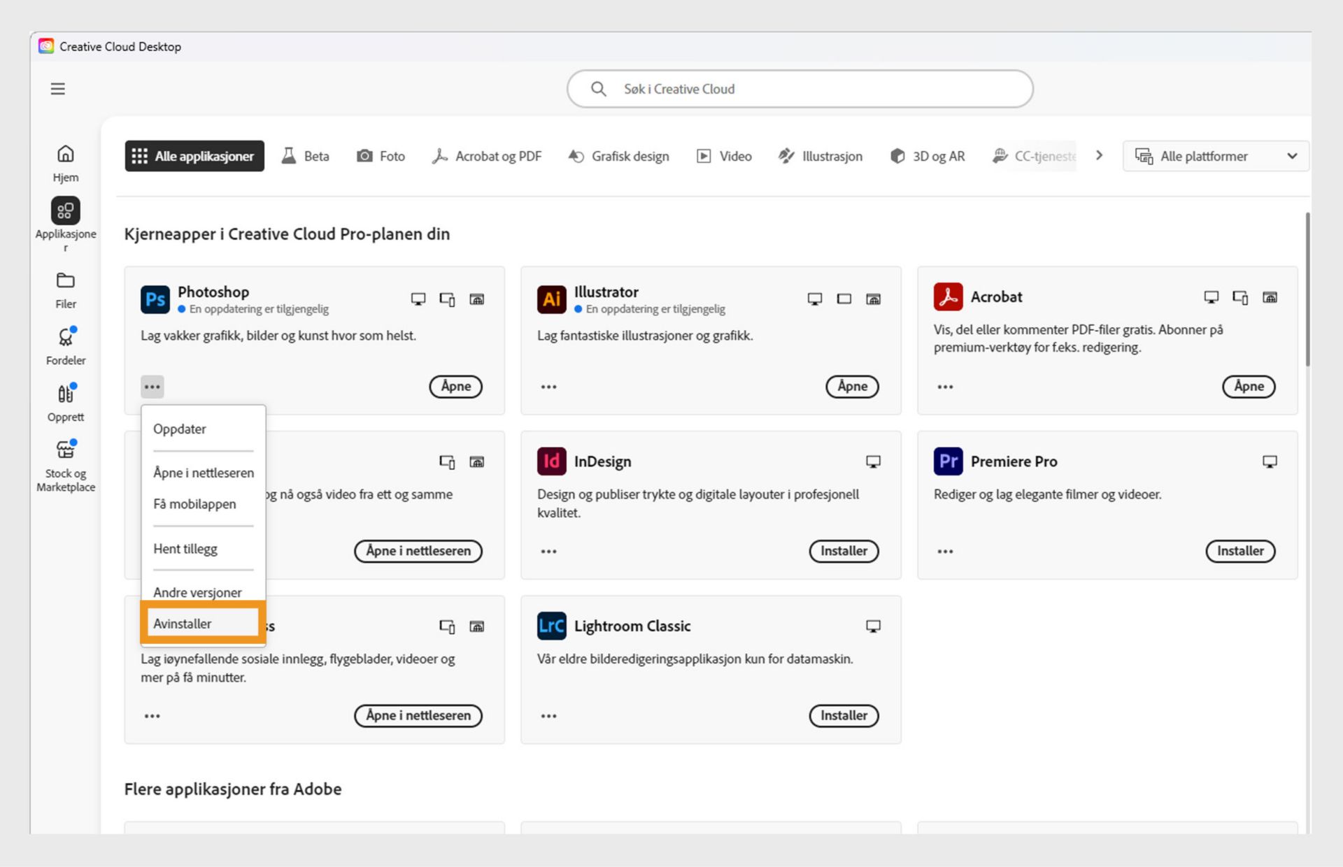 Kontekstmenyen for en Creative Cloud-applikasjon innbefattet alternativer for å åpne i nettleser og avinstallere.