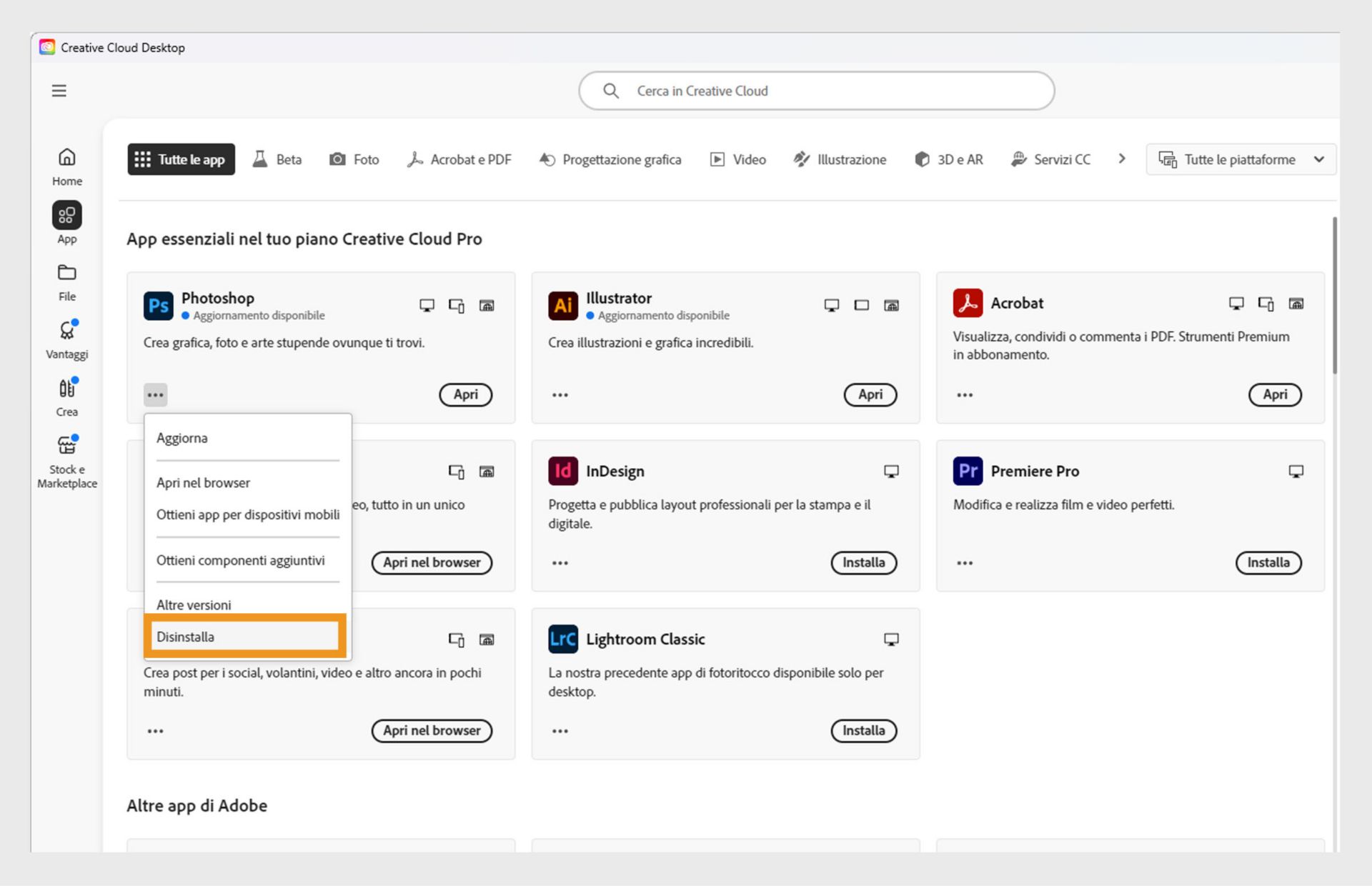 Il menu di scelta rapida per un'app Creative Cloud include le opzioni per l'apertura nel browser e la disinstallazione.
