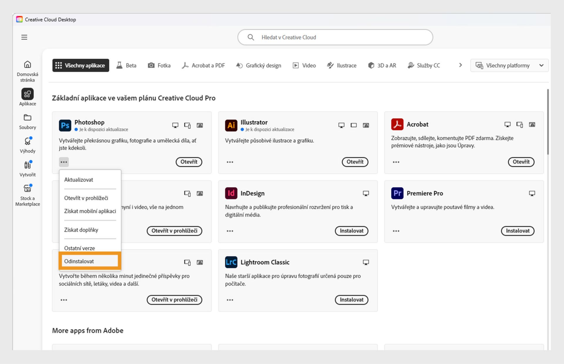 Kontextová nabídka pro aplikaci Creative Cloud obsahuje možnosti k otevření v prohlížeči a odinstalaci.