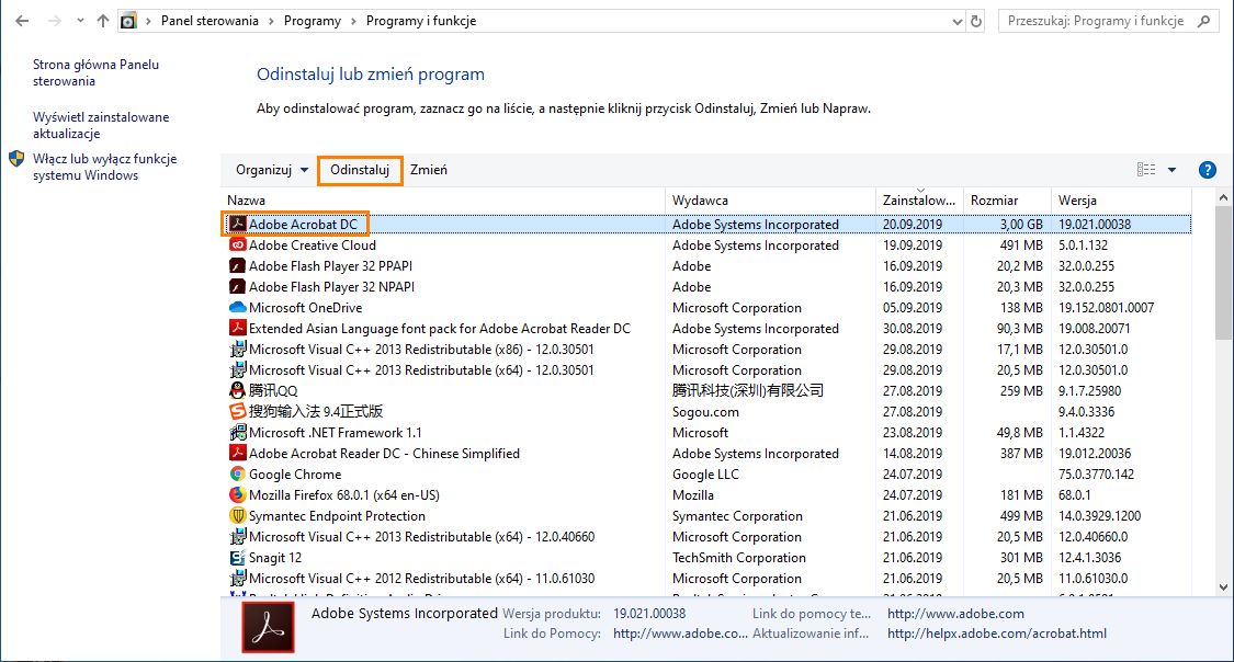 Dezinstalacja programu Adobe Acrobat