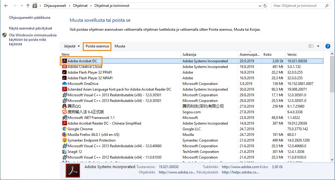 Adobe Acrobat:n asennuksen poistaminen