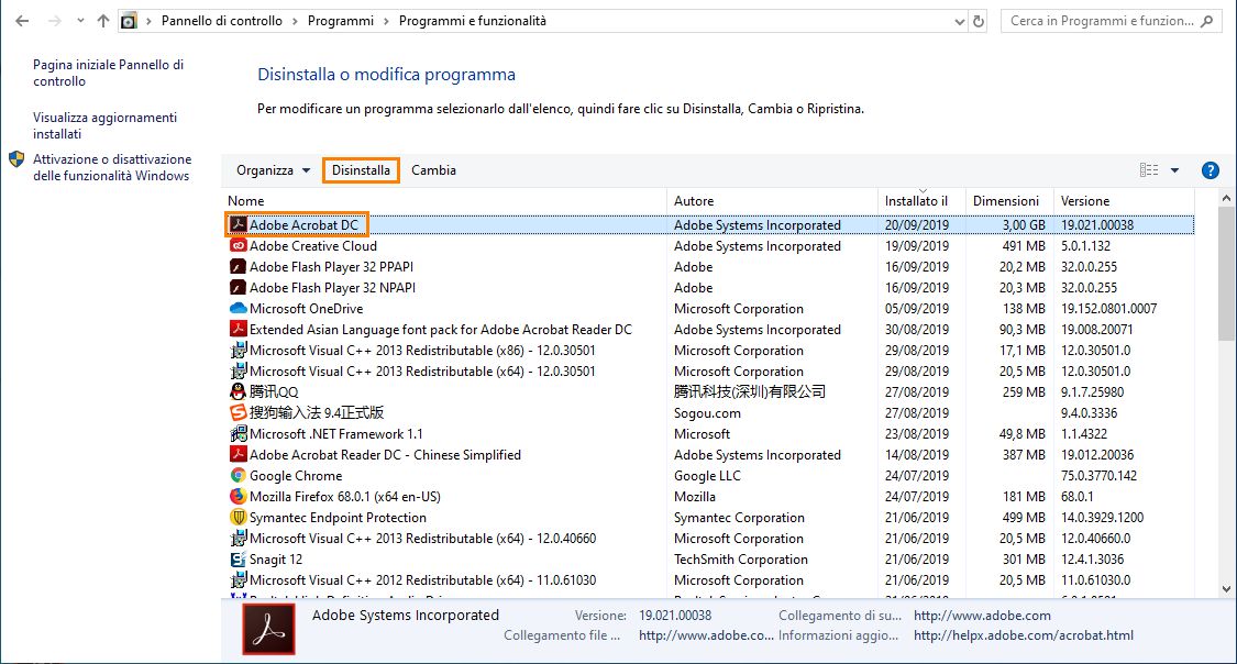 Disinstallazione di Adobe Acrobat