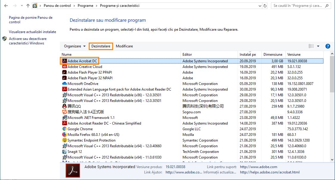 Dezinstalarea Adobe Acrobat