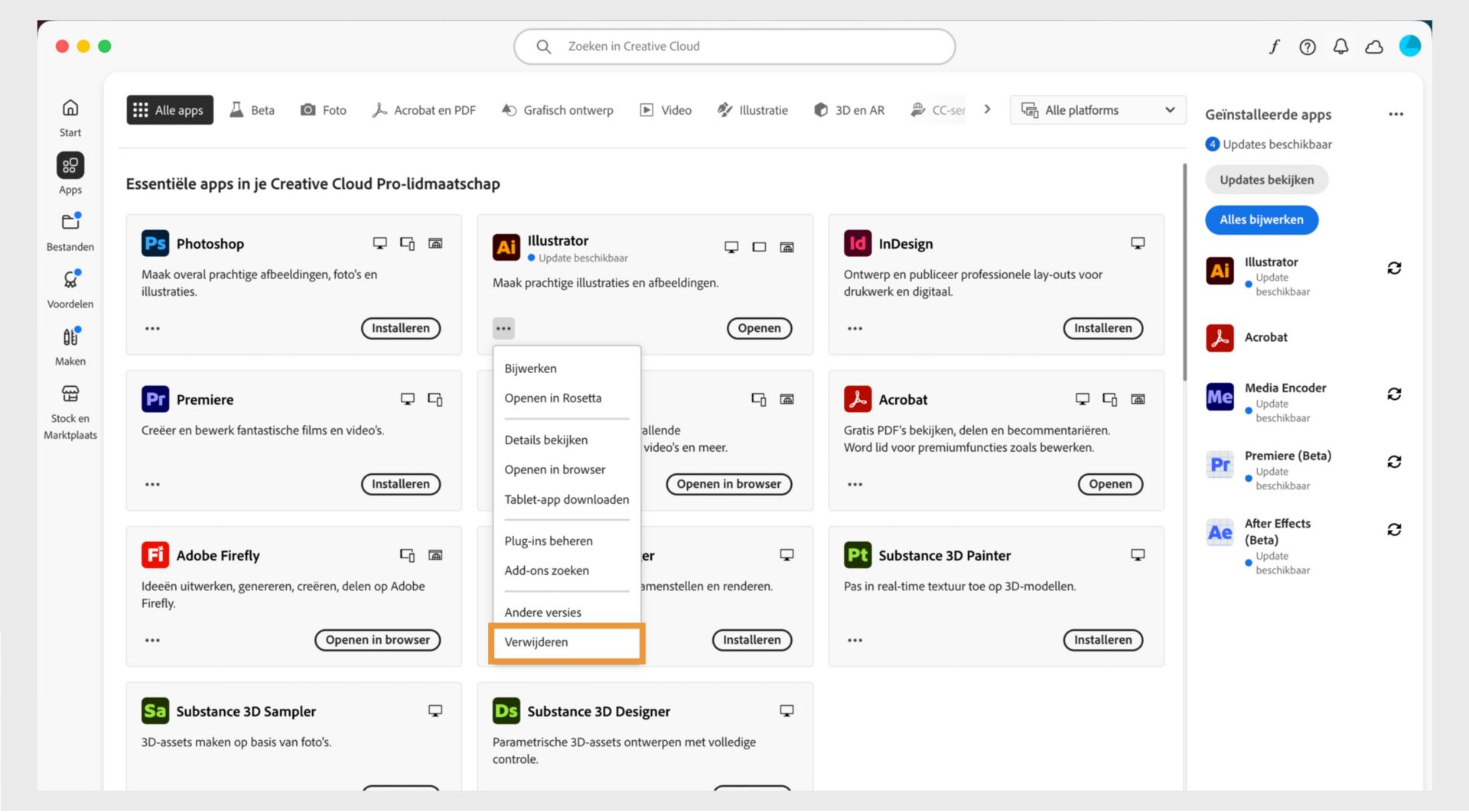 Het contextmenu voor een Creative Cloud-app bevat opties om de app in de browser te openen en te verwijderen. 