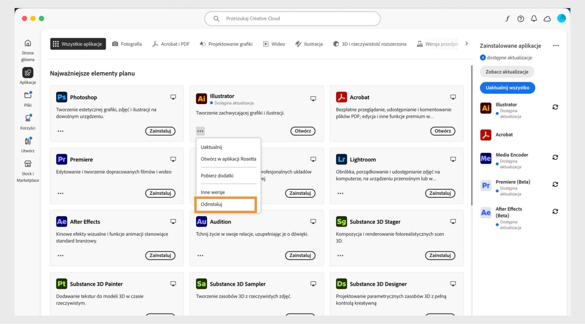 Menu kontekstowe aplikacji Creative Cloud z widocznymi opcjami otwierania w przeglądarce i odinstalowywania. 