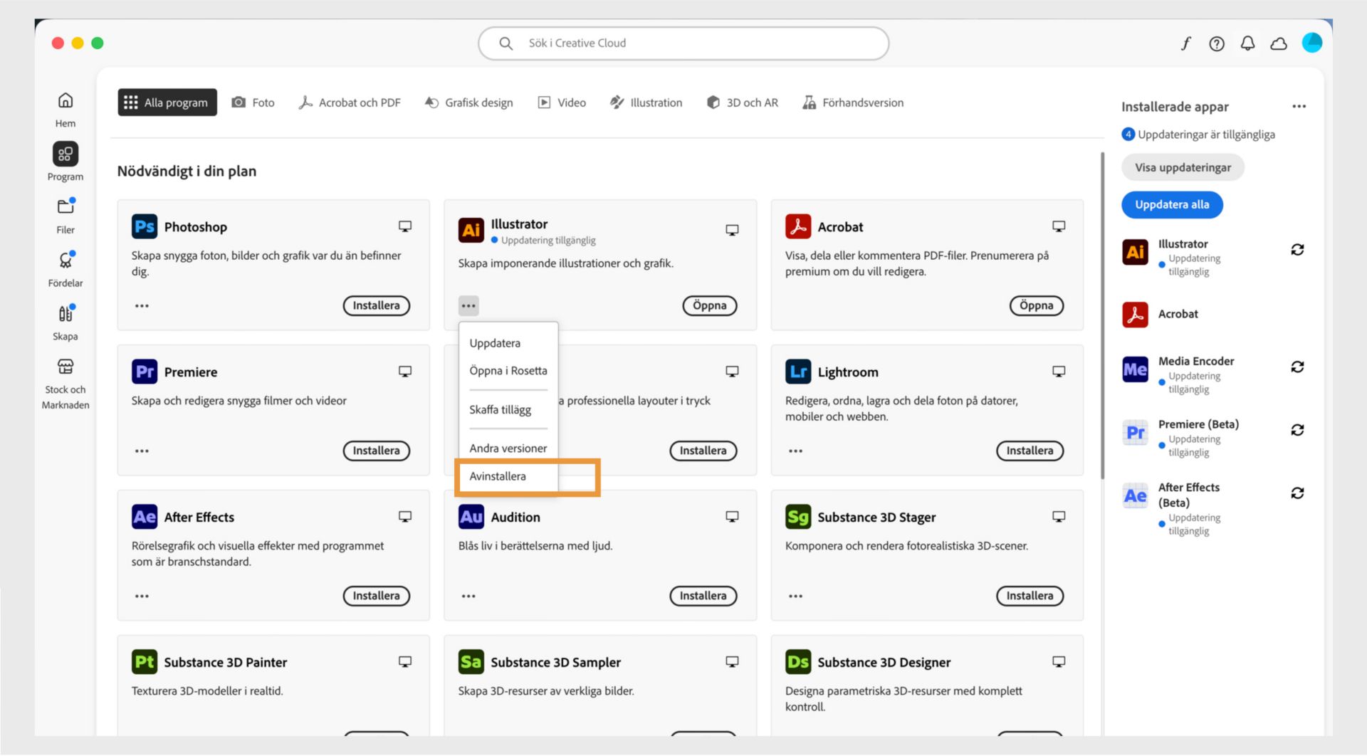 Snabbmenyn för en Creative Cloud-app omfattar alternativ för att öppna i webbläsaren och avinstallera. 