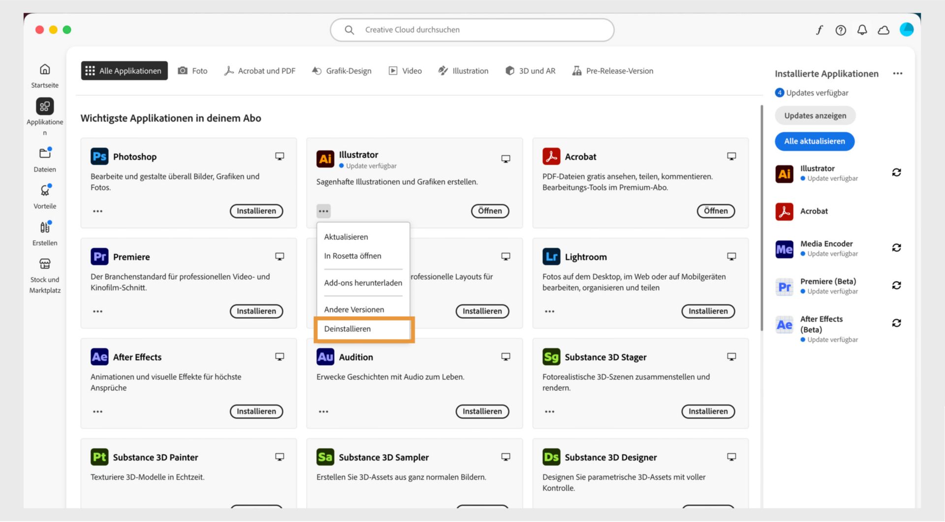 Das Kontextmenü für eine Creative Cloud-Applikation mit Optionen zum Öffnen im Browser und zur Deinstallation. 