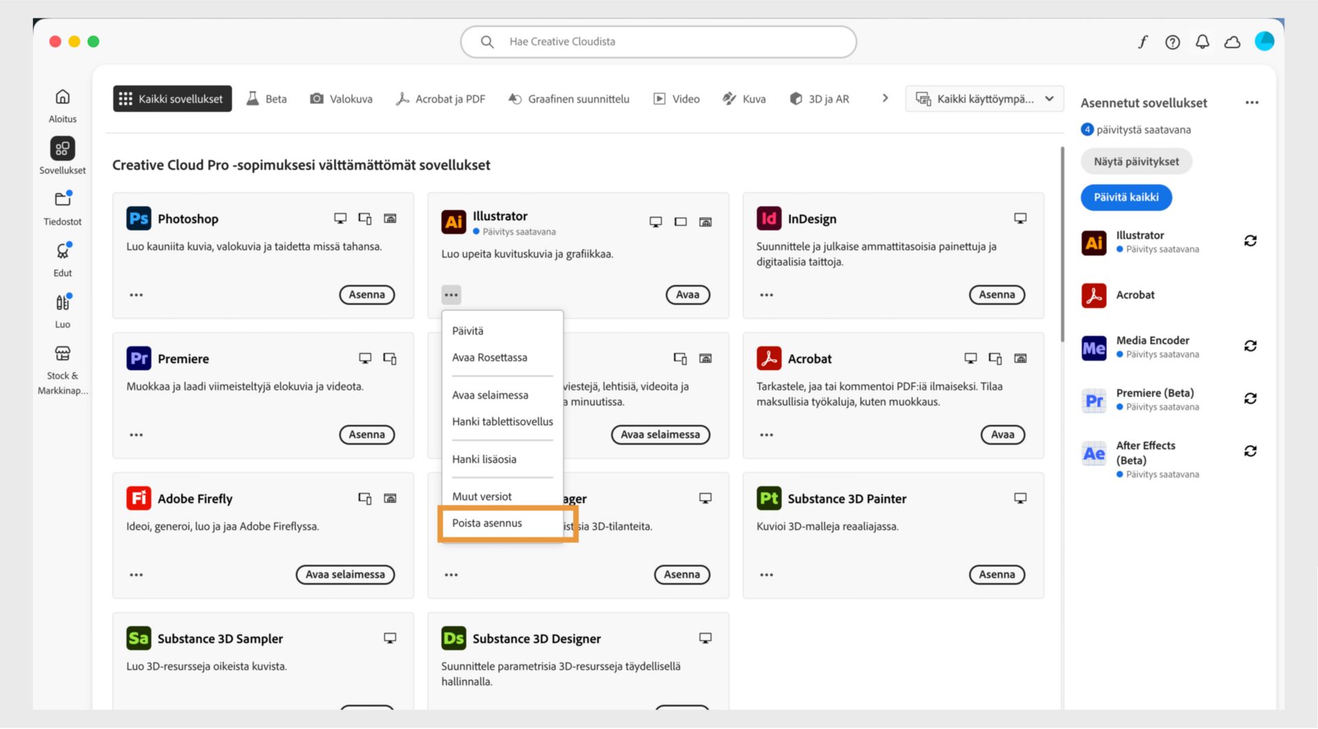 Creative Cloud ‑sovelluksen pikavalikko, joka sisältää selaimessa avaamisen ja asennuksen poistamisen vaihtoehdot. 