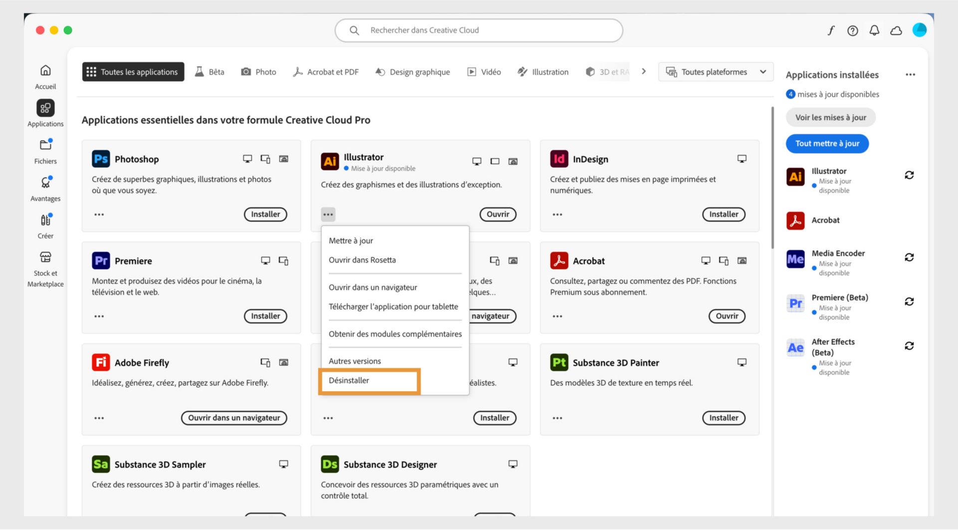 Le menu contextuel d’une application Creative Cloud comprend des options d’ouverture dans le navigateur et de désinstallation. 