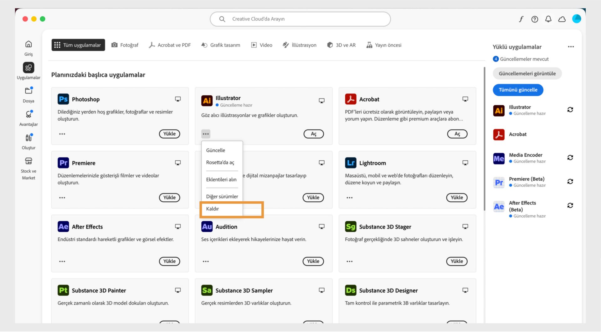 Creative Cloud uygulamasının bağlam menüsünde, tarayıcıda açma ve kaldırma seçenekleri bulunur. 