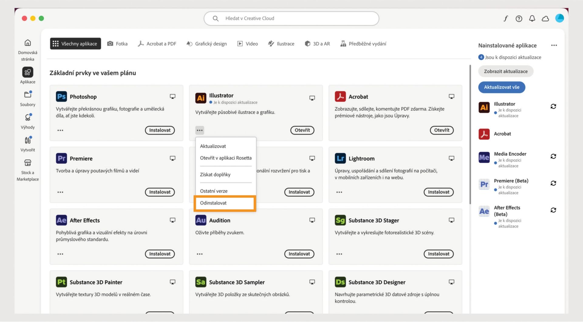 Kontextová nabídka pro aplikaci Creative Cloud obsahuje možnosti k otevření v prohlížeči a odinstalaci. 