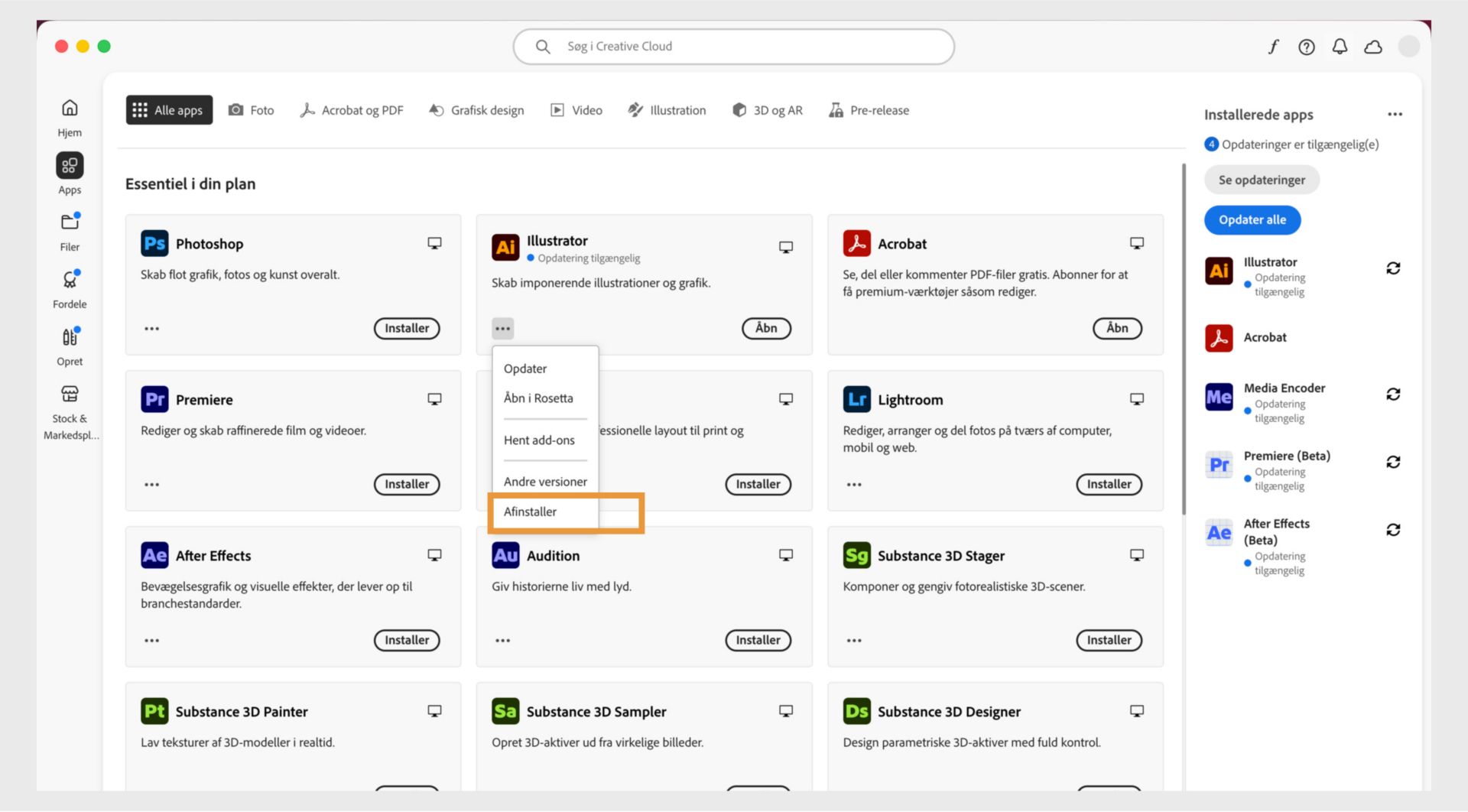 Genvejsmenuen for en Creative Cloud-app inkluderer muligheder for at åbne i browseren og afinstallere. 
