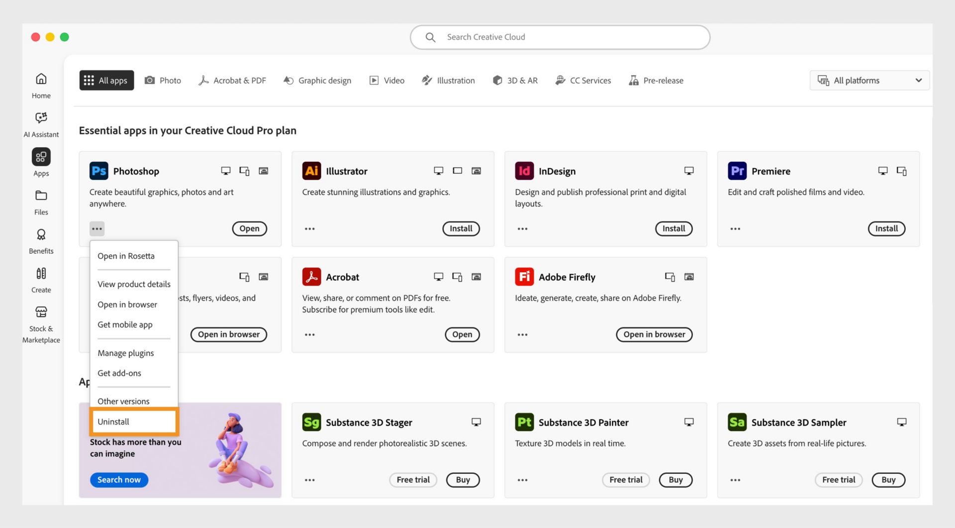 „Creative Cloud“ programos kontekstiniame meniu yra parinktys atidaryti naršyklėje ir šalinti. 