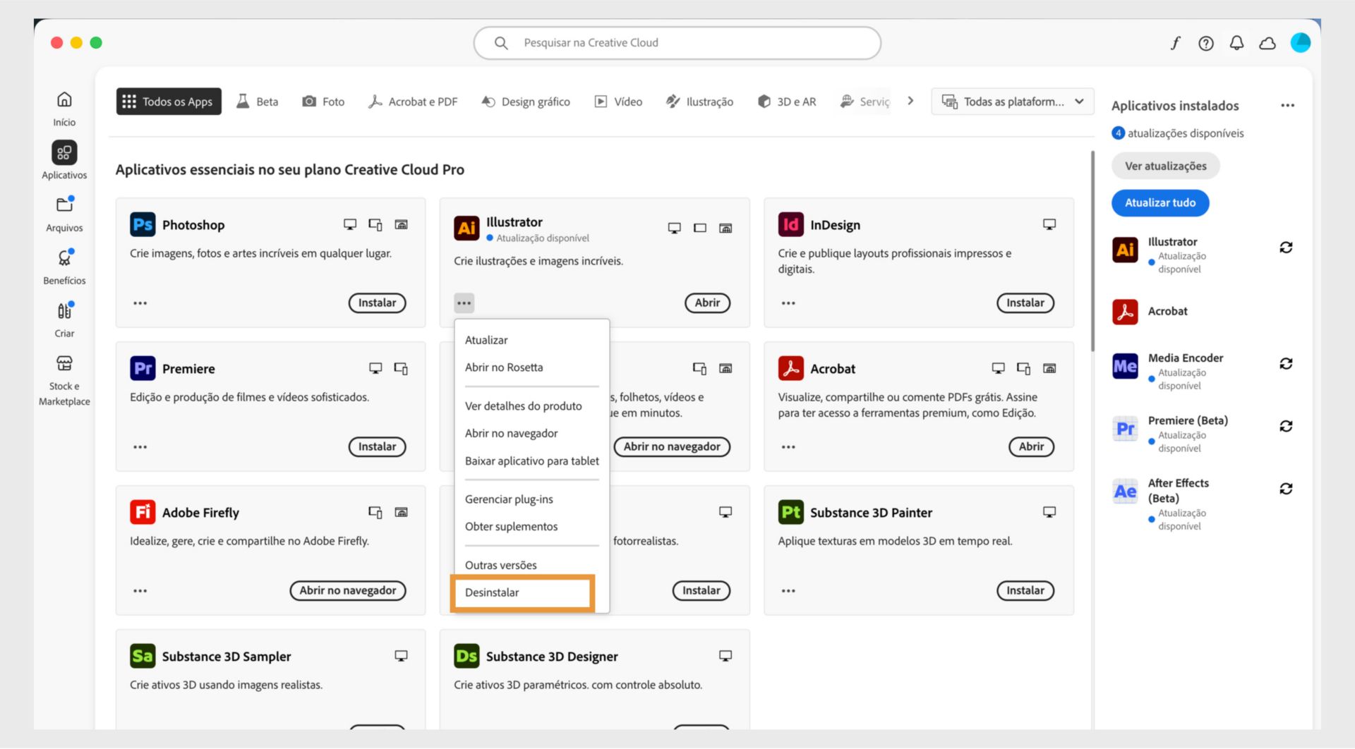 O menu de contexto de um aplicativo da Creative Cloud inclui opções para abrir no navegador e desinstalar. 