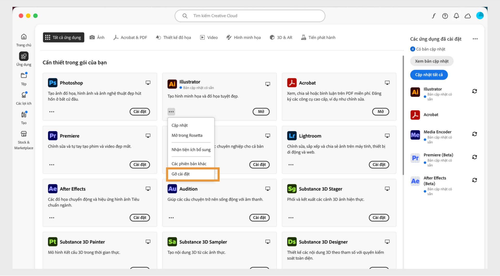 Menu ngữ cảnh cho ứng dụng Creative Cloud bao gồm các tùy chọn để mở trong trình duyệt và gỡ cài đặt. 