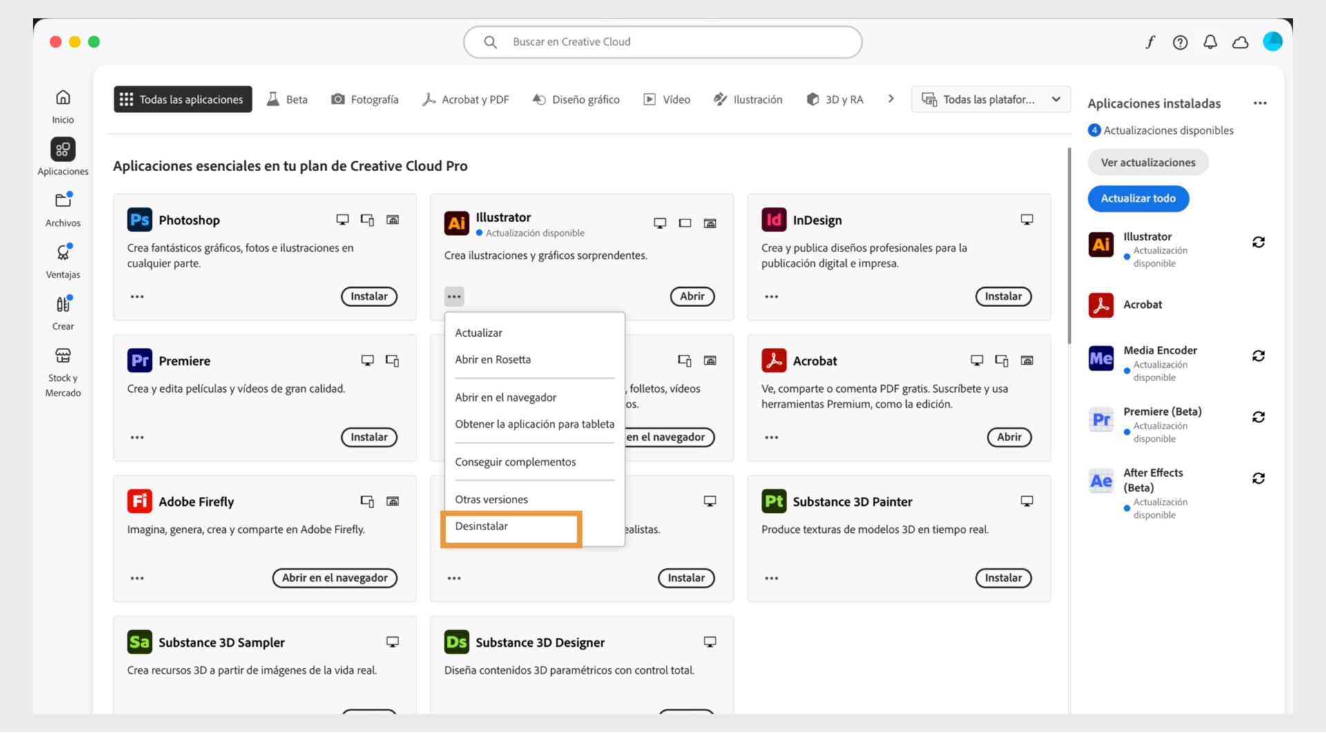 El menú contextual de una aplicación de Creative Cloud incluye opciones para abrir en el navegador y desinstalar. 