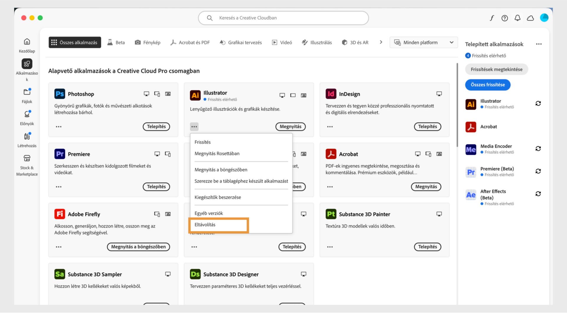 A Creative Cloud-alkalmazás helyi menüje tartalmaz lehetőséget a böngészőben való megnyitásra és az eltávolításra. 