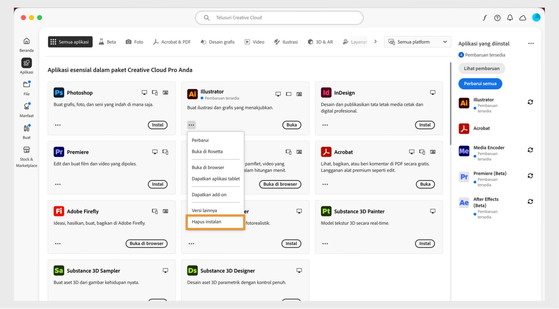 Menu konteks untuk aplikasi Creative Cloud Desktop berisi opsi untuk membuka Creative Cloud di browser dan menghapus instalan. 